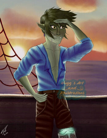 Here I drew Bex's/RBIllustration's D&D character Ez! Here he is shown in a sunset scene while on a ship at sea. Ez is a half-orc sorcerer.