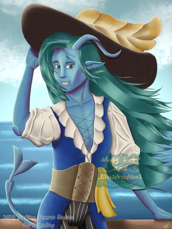 A light blue-skinned tiefling/water genasi is standing in front of the ocean as they support themselves with a horizontal wood beam with one hand while they hold their large feather topped hat with the other, their tail is pointed upwards and it is shaped