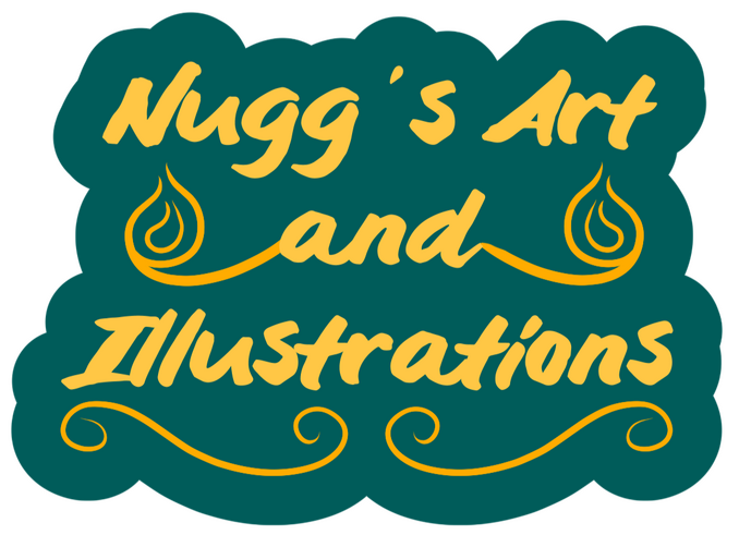 Text logo for Nugg's Art and Illustrations in gold text and symbols with a green teal background